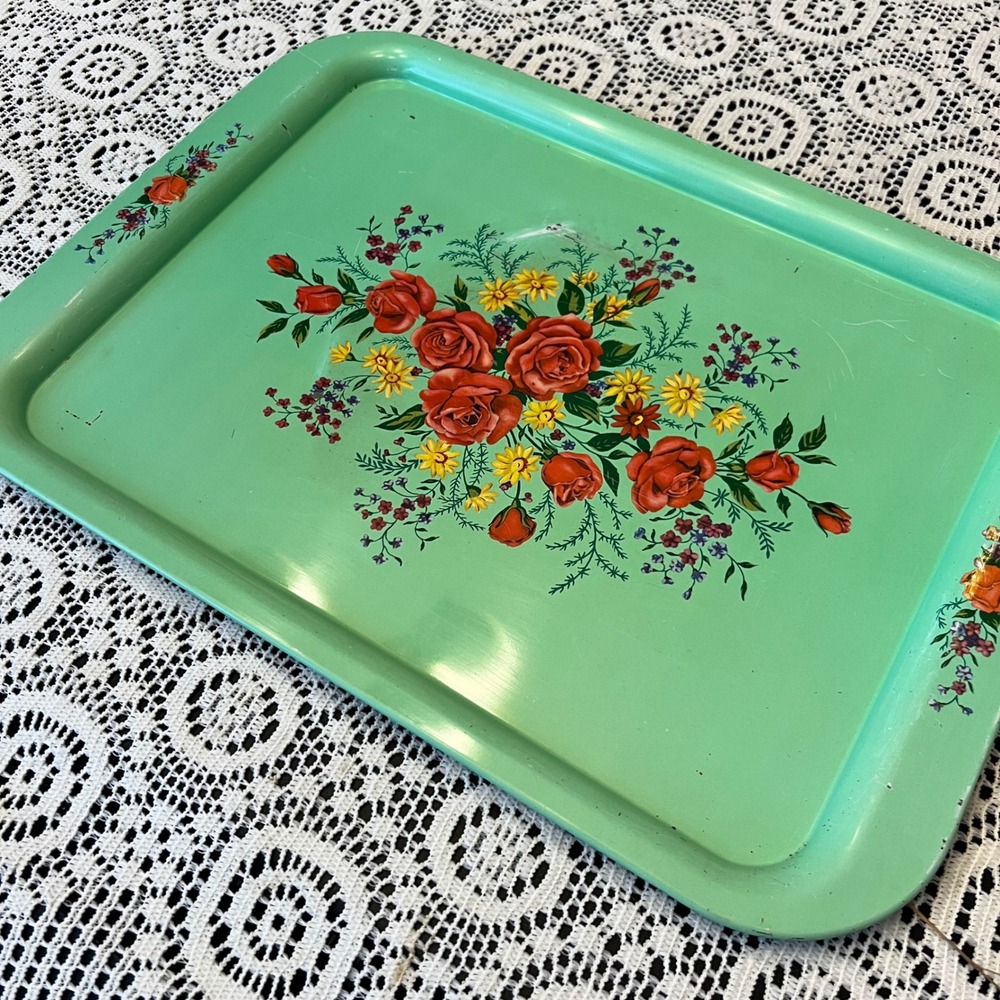Vintage Mint Green Painted Floral Metal Tray | *SEE NOTE | Cottage